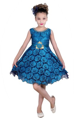 Pari Mahal Girls Midi/Knee Length Party Dress(Blue, Sleeveless)