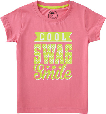 Cub McPaws Girls Typography, Printed Pure Cotton Regular T Shirt(Pink, Pack of 1)