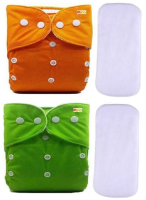 Alya Pack of 2 Premium Quality Baby Reusable Cloth Diapers All in One Adjustable Pocket Style Nappies Washable With 2 Wet-Free White Microfiber(4 layers) Insert Pads (0-24 Months,3-16KG)(GREEN,ORANGE)