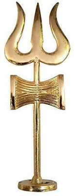 Puja N Pujari Gold Plated Damru Trishul with Stand for Pooja Decorative Showpiece  -  11 cm(Brass, Gold)