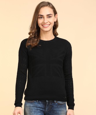 Pepe Jeans Self Design Round Neck Casual Women Black Sweater