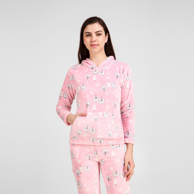 Trendy World Printed Hooded Neck Casual Women Pink Sweater