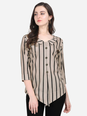 ANAITA Casual 3/4 Sleeve Striped Women Beige, Black Top