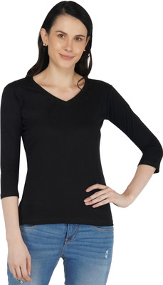 Sundish Casual 3/4 Sleeve Striped Women Black Top