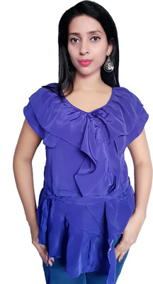 SUPREET K Party Ruffled Sleeve Solid Women Blue Top