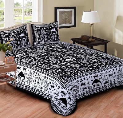 PAAWNI 120 TC Cotton King Jaipuri Prints Flat Bedsheet(Pack of 1, black & white)