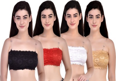 Lady Nice Black, Red, Whit, Skin Color Floral Embroidered Style Transparent Strap Women Bandeau/Tube Lightly Padded Bra(Black, Red, White, Beige)