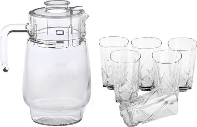 1st Time New Designer Drinking Set Of One Jar With Lid & Six Glass Transparent & Clear-JG57 Jug Glass Set(Glass)