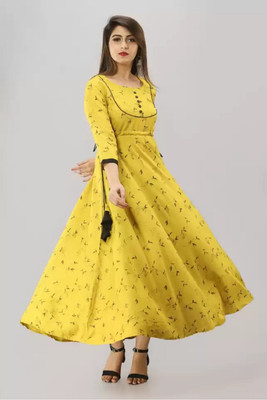 MAHAGEETA Women Printed Flared Kurta(Yellow)