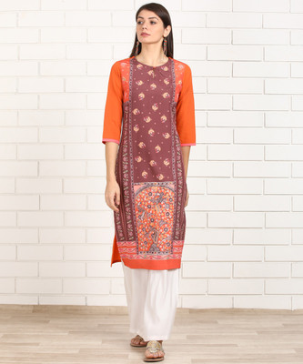 Anmi Floral Print Women Straight Kurta(Brown)