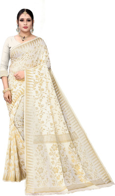FluteFashion Self Design Jamdani Cotton Blend Saree(White)