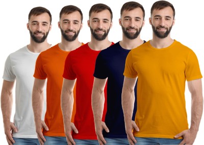 Boodbuck Solid Men Round Neck Dark Blue, Red, White, Orange, Yellow T-Shirt