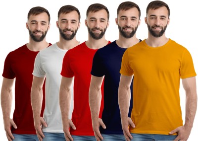 Boodbuck Solid Men Round Neck Dark Blue, Red, White, Maroon, Yellow T-Shirt