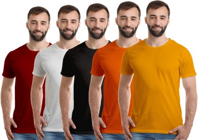 Boodbuck Solid Men Round Neck White, Maroon, Black, Orange, Yellow T-Shirt
