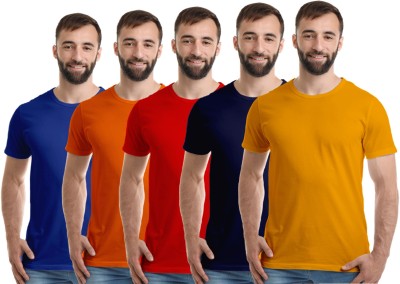 Boodbuck Solid Men Round Neck Dark Blue, Red, Blue, Orange, Yellow T-Shirt