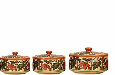 caffeine Ceramic Handmade Orange Flower Serving Donga Casserole with lid Pack of 3 Serve Casserole Set(1000 ml, 700 ml, 500 ml)