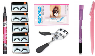 Khelni False Eyelashes 5 Pcs With 1 Pcs Eyelash Glue & 1Pcs Eyelash Curler & 1Pcs Eyebrow Razor & 36Hrs Water Proof Eyeliner & 1Pcs Eyebrow Pencil(6 Items in the set)