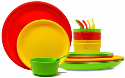 Sarthak Uphaar Pack of 24 Plastic Plastic Microwave Safe Round Dinner Set - Porcelain Look, Ultra Light, Break Resistant (6 big plate + 6 quarter plate + 6 bowls + 6 Soup Spoons) Dinner Set(Microwave Safe)