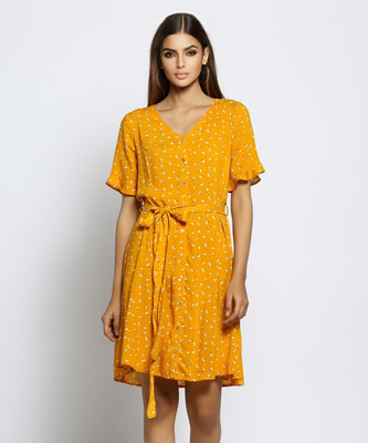 Ms.Taken Women A-line Yellow Above Knee/Mid Thigh Length Dress