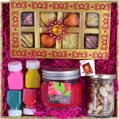 MANTOUSS Diwali Chocolate Gift Pack/Diwali Chocolate Gifts for Corporate Gifting-Designer Chocolate Box +Glass jar Scented Candle +Jar of Mix Dry Fruits+Rangoli Colours+Deepawali Greeting Card Wooden, Cotton, Plastic, Paper, Glass, Assorted Gift Box(Multicolor)