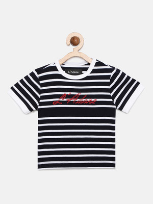 Ladore Boys Typography, Striped Cotton Blend Regular T Shirt(Multicolor, Pack of 1)