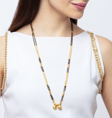 Digital Dress Room Digital Dress Room Long Mangalsutra Designs Gold Plated Latest Golden Black Mani Beads Gold Plated Alloy 2 Vati Tanmaniya Pendant 29-inch Length Chain Double Line Layer Long Traditional Mangalsutra Necklace for Women Alloy Mangalsutra