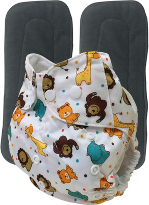 MOM'S PRIDE Reusable Exclusive Pocket Cloth Diaper with 2 Charcoal Insert - ZOO White