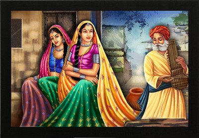 Masstone Rajasthani Village Women Modern Art UV Coated Matt textured Framed Digital Reprint 14 inch x 20 inch Painting(With Frame)