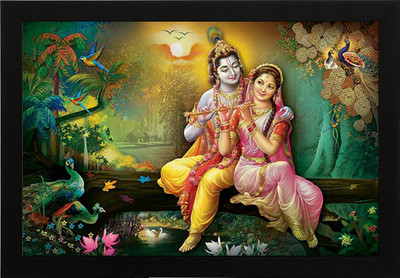 Masstone Radha Krishna Love Religious UV Coated Matt textured Framed Digital Reprint 14 inch x 20 inch Painting(With Frame)