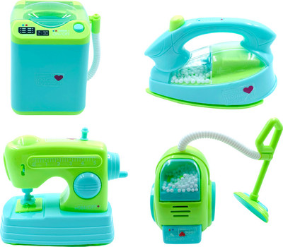 VikriDa Battery Operated Set of 4 Pieces Household Home Appliances Kitchen Play Sets Toys for Girls with Realistic Sound|| Washing Machine , Sewing Machine, Vacuum Cleane