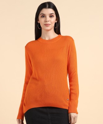 METRONAUT Self Design Boat Neck Casual Women Orange Sweater