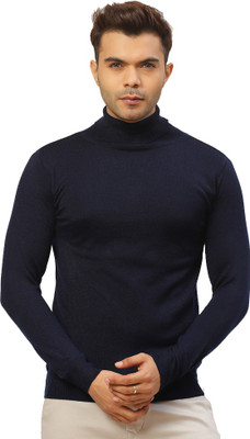 PIERRE CARLO Solid Turtle Neck Casual Men Blue Sweater