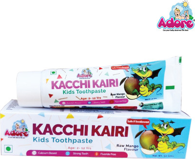 Adore Kacchi Kairi Kids Toothpaste - Calcium Based- Strong Teeth - Fluoride Free - Raw Mango Flavour - Safe if Swallowed - Ayurvedic- Tested- Removes Plaque - No Dyes and Sulphates -Tastes Awesome! - 4pcs Toothpaste(200 g, Pack of 4)