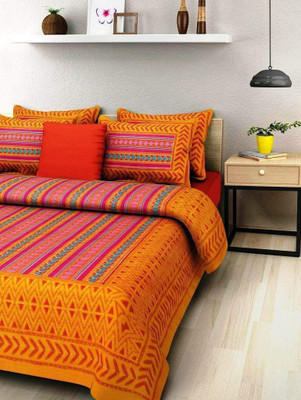 Hari Om 144 TC Cotton Double Jaipuri Prints Flat Bedsheet(Pack of 1, Orange, Red)