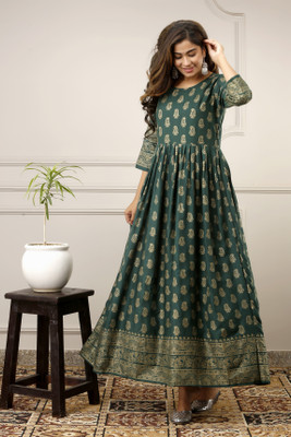 Surhi Women Printed Flared Kurta(Green)