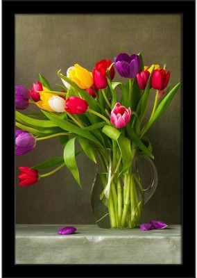 Still Life With Colorful Tulips D1 Paper Poster Black Frame | Top Acrylic Glass 13inch x 19inch (33cms x 48.3cms) Paper Print(19 inch X 13 inch, Framed)