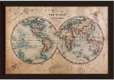 Mid 1800s Old World Map Western & Eastern Hemispheres Paper Poster Dark Brown Frame | Top Acrylic Glass 19inch x 13inch (48.3cms x 33cms) Paper Print(13 inch X 19 inch, Framed)