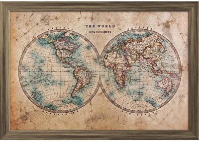 Mid 1800s Old World Map Western & Eastern Hemispheres Paper Poster Antique Golden Frame | Top Acrylic Glass 19inch x 13inch (48.3cms x 33cms) Paper Print(13 inch X 19 inch, Framed)