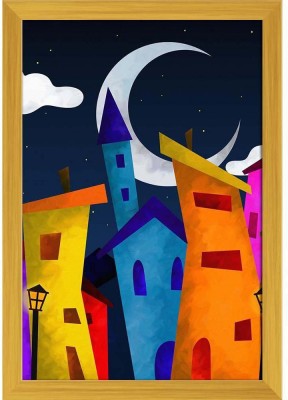 Fantasy Landscape With Colorful Houses At Night Paper Poster Golden Frame | Top Acrylic Glass 13inch x 19inch (33cms x 48.3cms) Paper Print(19 inch X 13 inch, Framed)