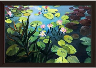 Colorful Pond With Beautiful Lotus Flowers Paper Poster Dark Brown Frame | Top Acrylic Glass 19inch x 13inch (48.3cms x 33cms) Paper Print(13 inch X 19 inch, Framed)
