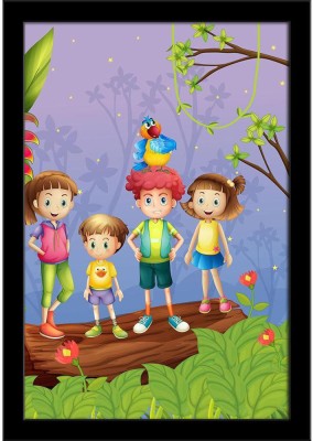 Children With Colorful Parrot Paper Poster Black Frame | Top Acrylic Glass 13inch x 19inch (33cms x 48.3cms) Paper Print(19 inch X 13 inch, Framed)