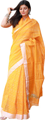 SHIVANYA HANDICRAFTS Printed Patola Cotton Silk Saree(Yellow)
