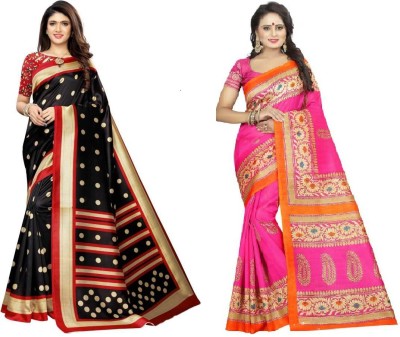 Kanooda Prints Printed Bollywood Art Silk Saree(Pack of 2, Multicolor)