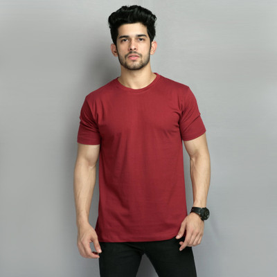 sms creation Solid Men Round Neck Maroon T-Shirt