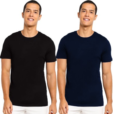 mebadass Solid Men Round Neck Blue, Black T-Shirt