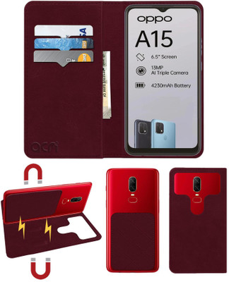 ACM Flip Cover for Oppo A15(Maroon, Cases with Holder, Pack of: 1)
