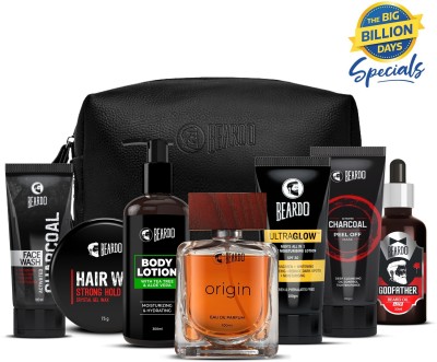 Beardo BBD Special Perfect Face Pack Combo with Origin Perfume, Strong Hold Wax, Godfather Lite Beard Oil, Tea Tree & Aloevera Lotion and Pouch (8 Items in the set)