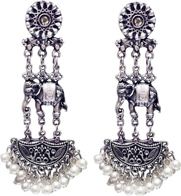 ZUKHRUF Oxidised silver Elephant Stylish Silver Color Metal Stud Jhumka Earrings for Women & Girls Beads Alloy Drops & Danglers