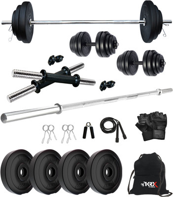 KRX 10 kg PVC 10 KG COMBO 9 with One 4 Ft Plain Rod and One Pair Dumbbell Rods with Gym Accessories Home Gym Combo