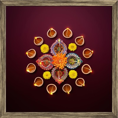 Artzfolio ArtzFolio Traditional Photo of Colorful Diwali Diya Lamps Canvas Painting Antique Gold Wooden Frame 24inch x 24inch (61cms x 61cms) Digital Reprint 24.5 inch x 24.5 inch Painting(With Frame)